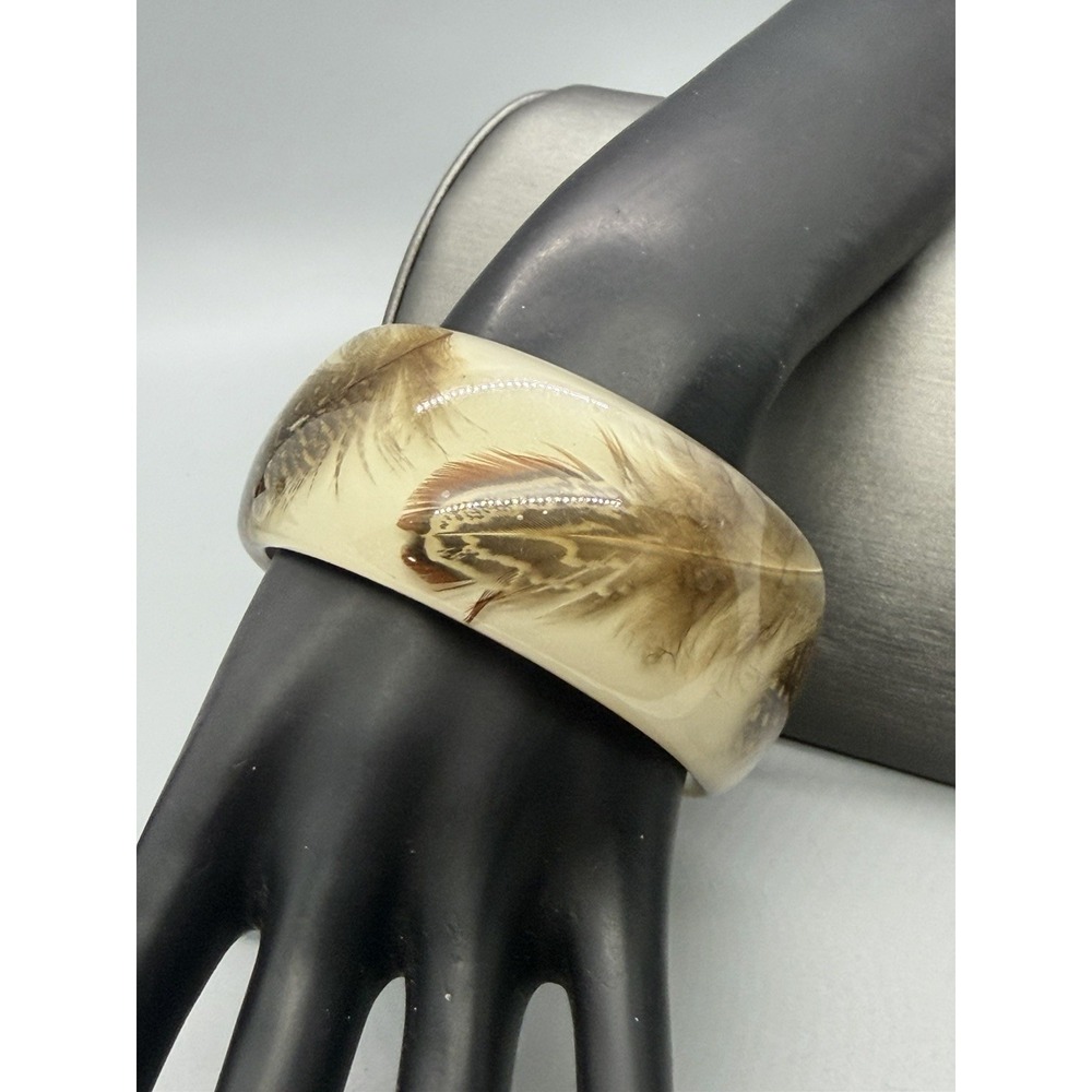 Peacock Feather Design Inlaid In Acrylic Bangle Bracelet 8"